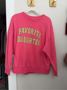 Favorite Daughter Hot Pink Crewneck with Neon Yellow-Green Lettering